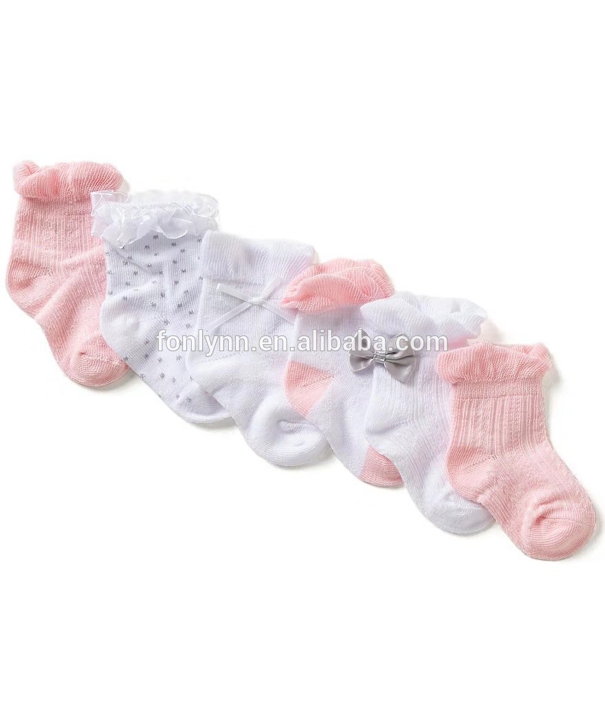 New arrival manufacturer crew length lace and bow detailing combed cotton baby girl socks